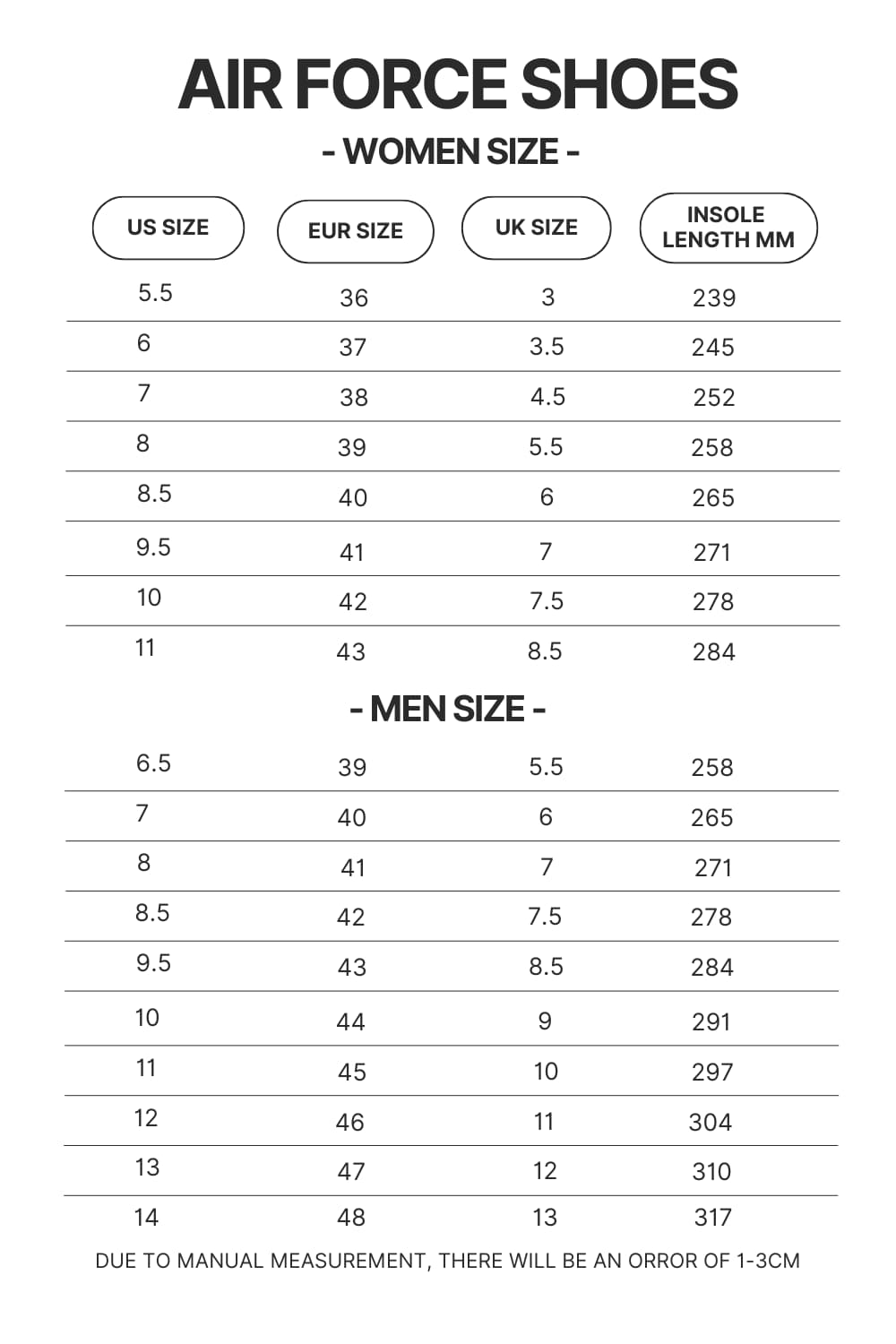 Air Force Shoes Size Chart - Official Jujutsu Kaisen Shop