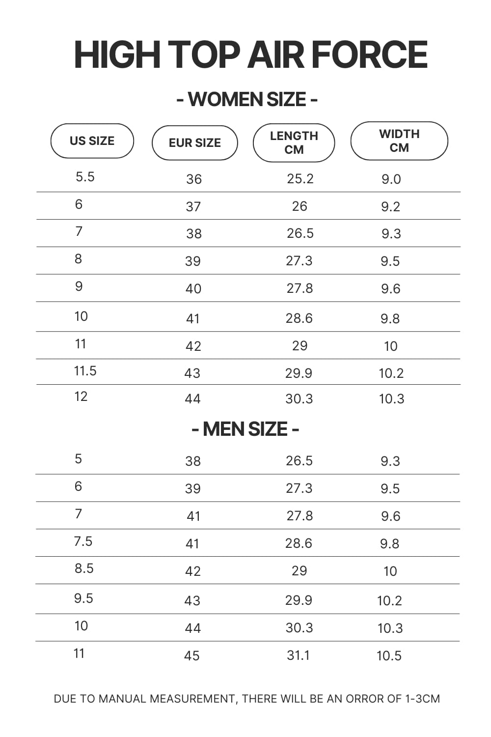 High Top Air Force Shoes Size Chart - Official Jujutsu Kaisen Shop