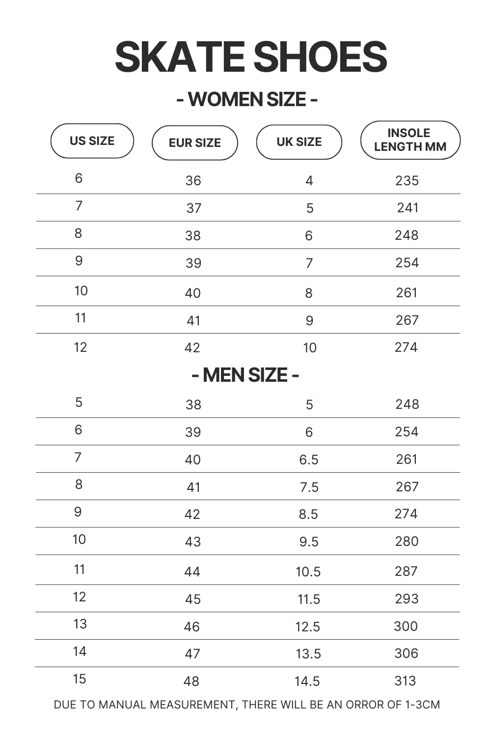 Skate Shoes Size Chart - Official Jujutsu Kaisen Shop